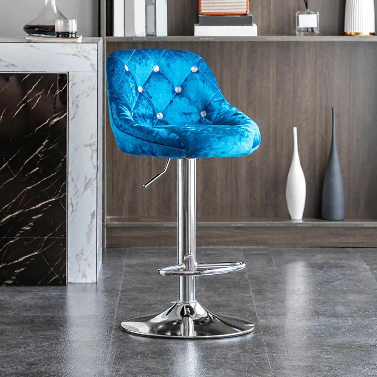 Glam Velvet Swivel Bucket Bar Stool — Silver / Blue