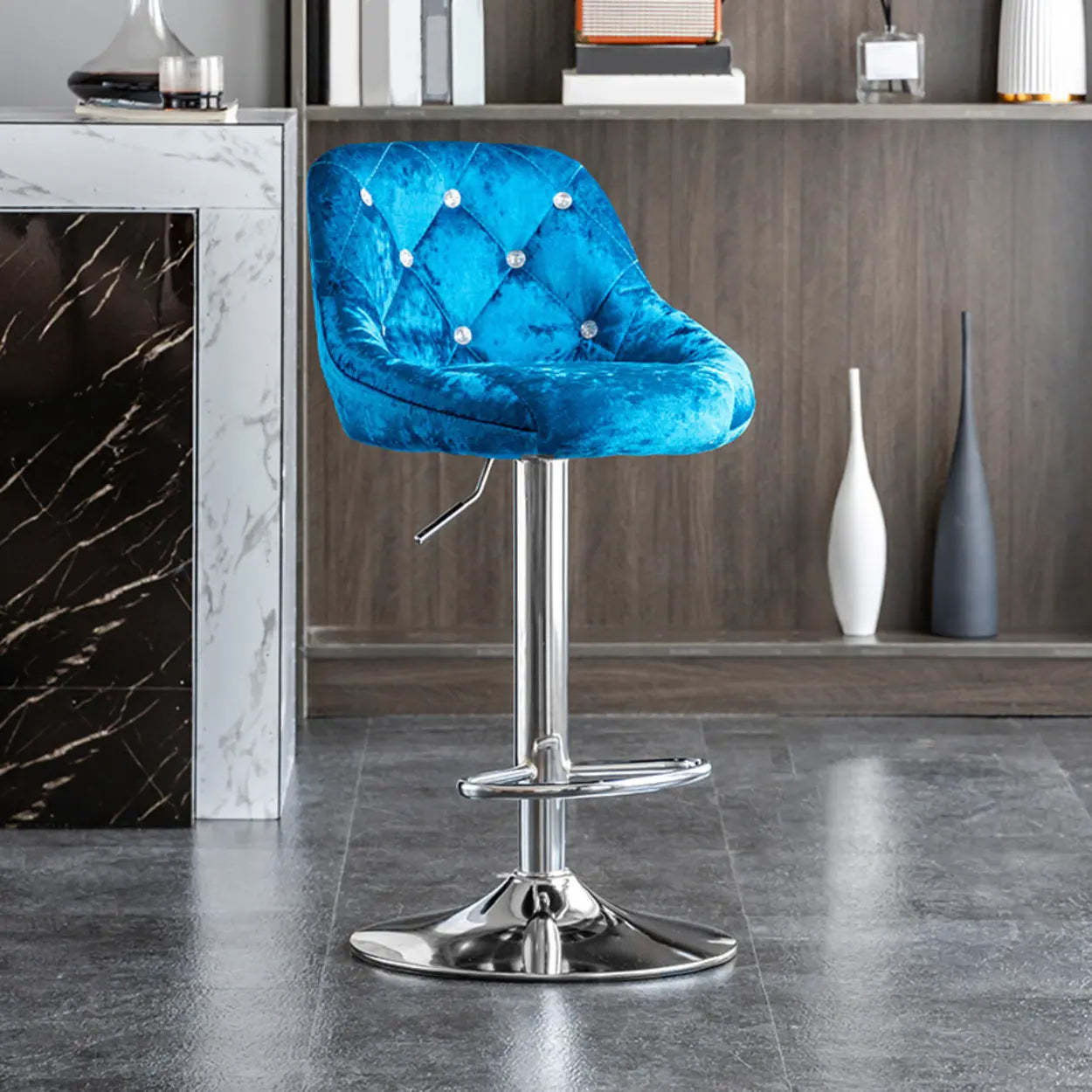 Glam Velvet Swivel Bucket Bar Stool — Silver / Blue