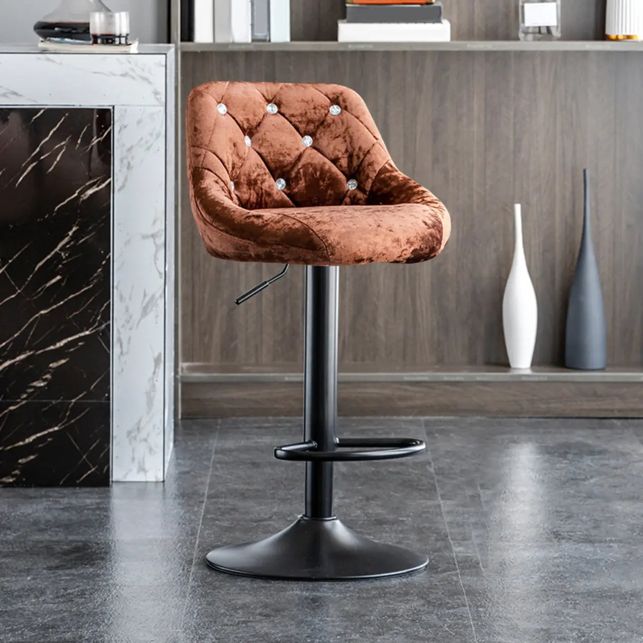 Glam Velvet Swivel Bucket Bar Stool — Black / Beige