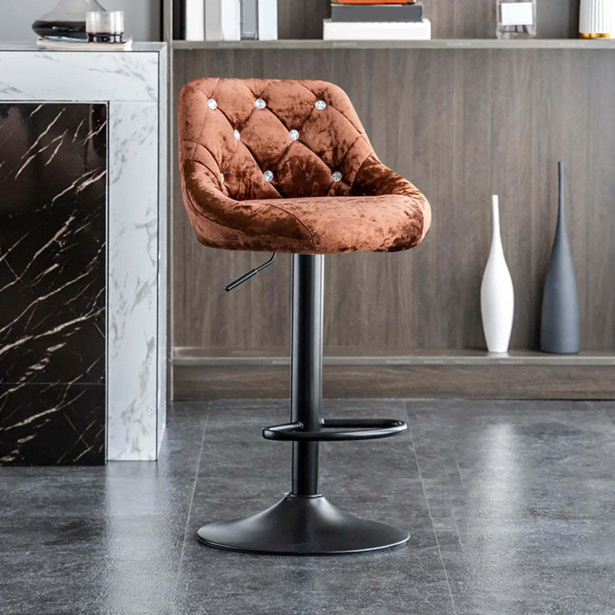 Glam Velvet Swivel Bucket Bar Stool — Black / Beige