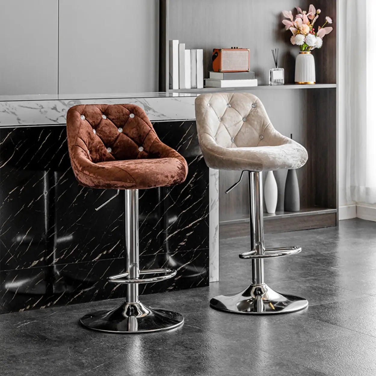 Glam Velvet Swivel Bucket Bar Stool — Black / Violet