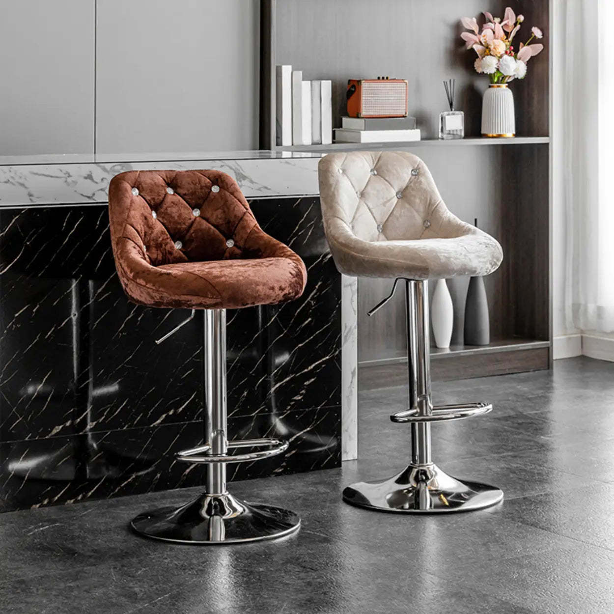 Glam Velvet Swivel Bucket Bar Stool — Black / Violet