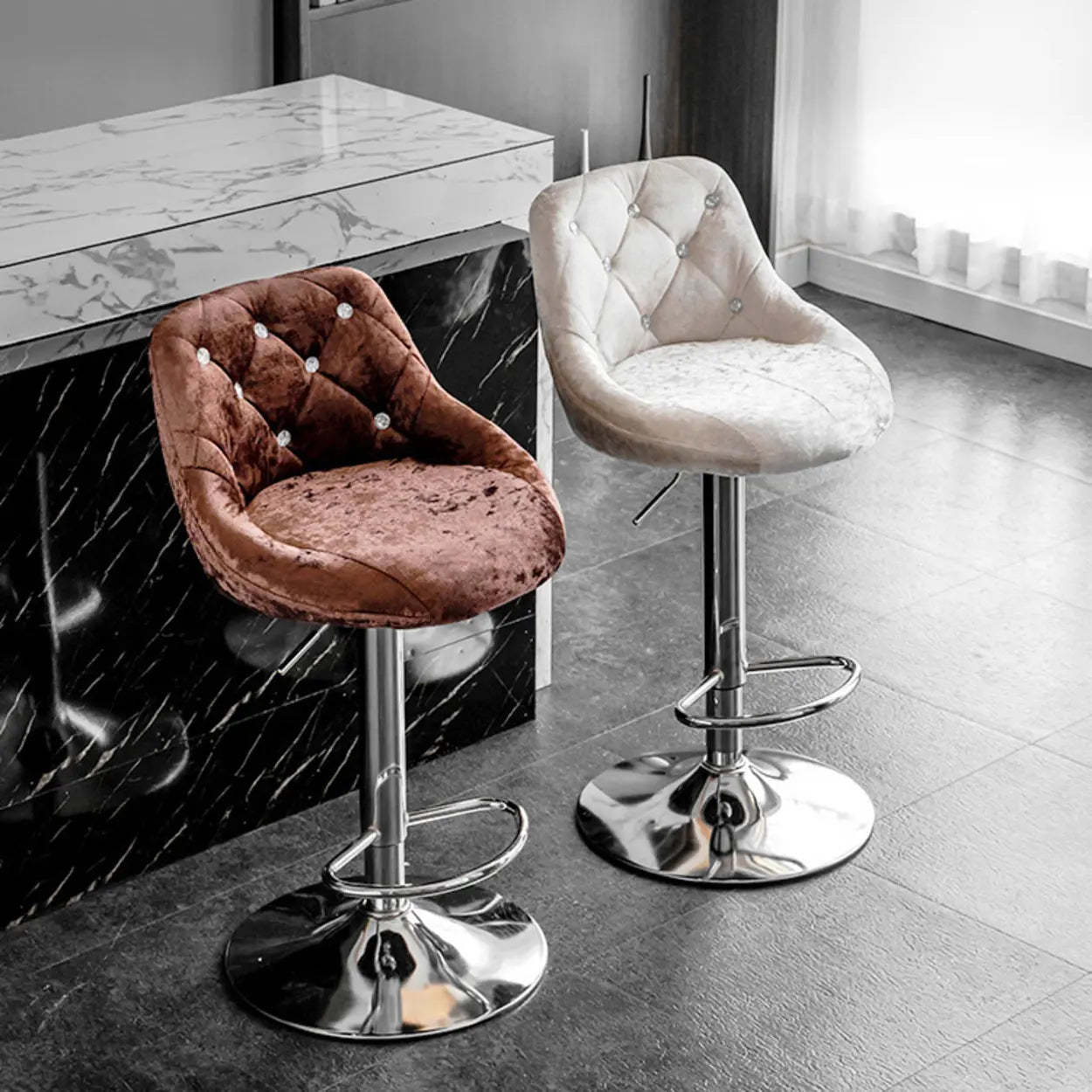 Glam Velvet Swivel Bucket Bar Stool — Silver / Gray