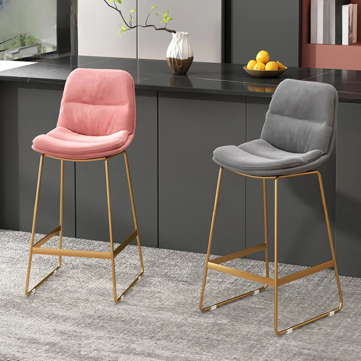 Glam Velvet Upholstered Low Back Bar Stool — Black / Pink