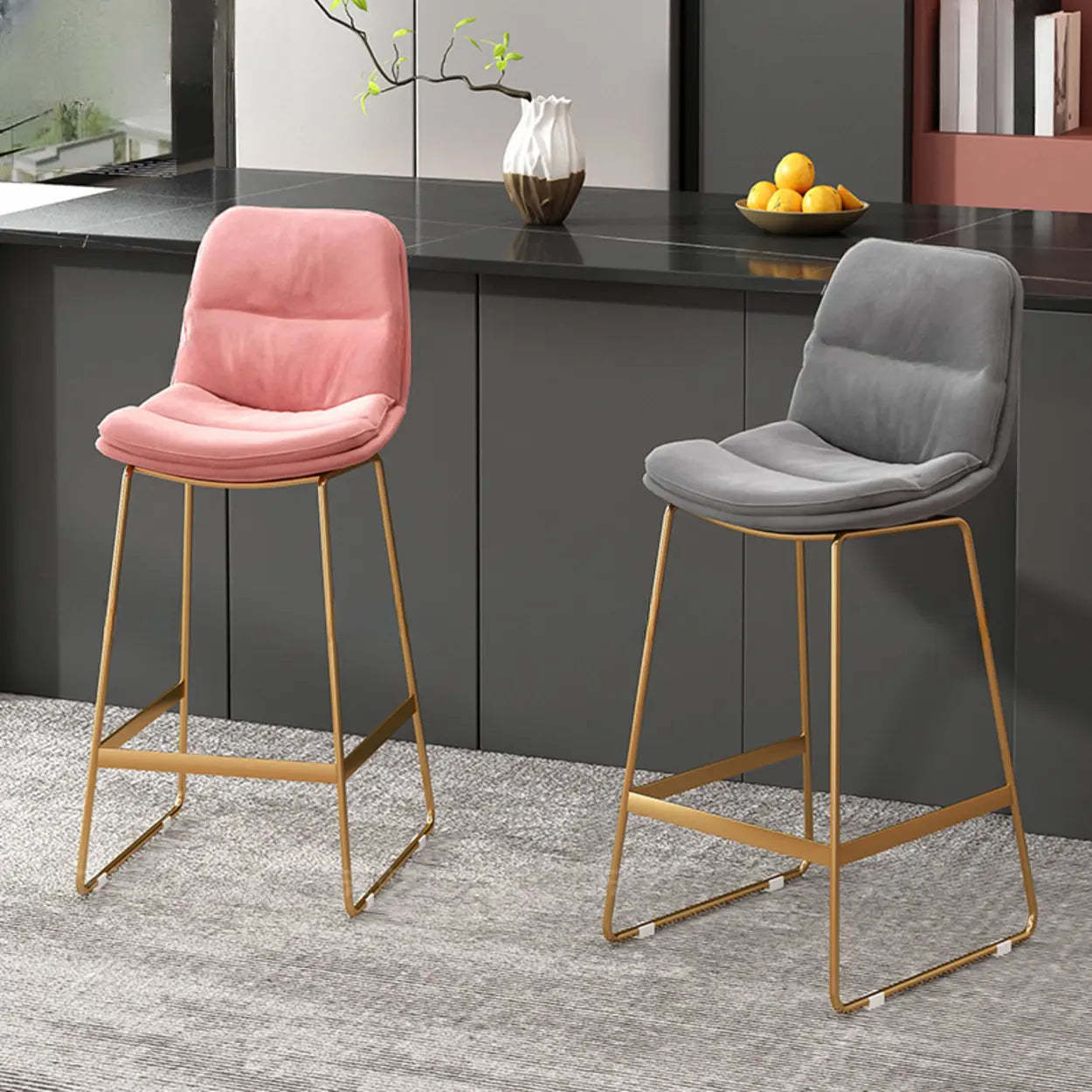 Glam Velvet Upholstered Low Back Bar Stool — Black / Pink