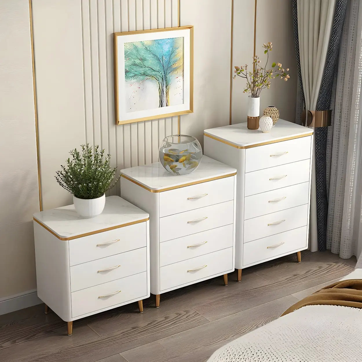 Glam Vertical White Stone Bachelor Chest with Drawers