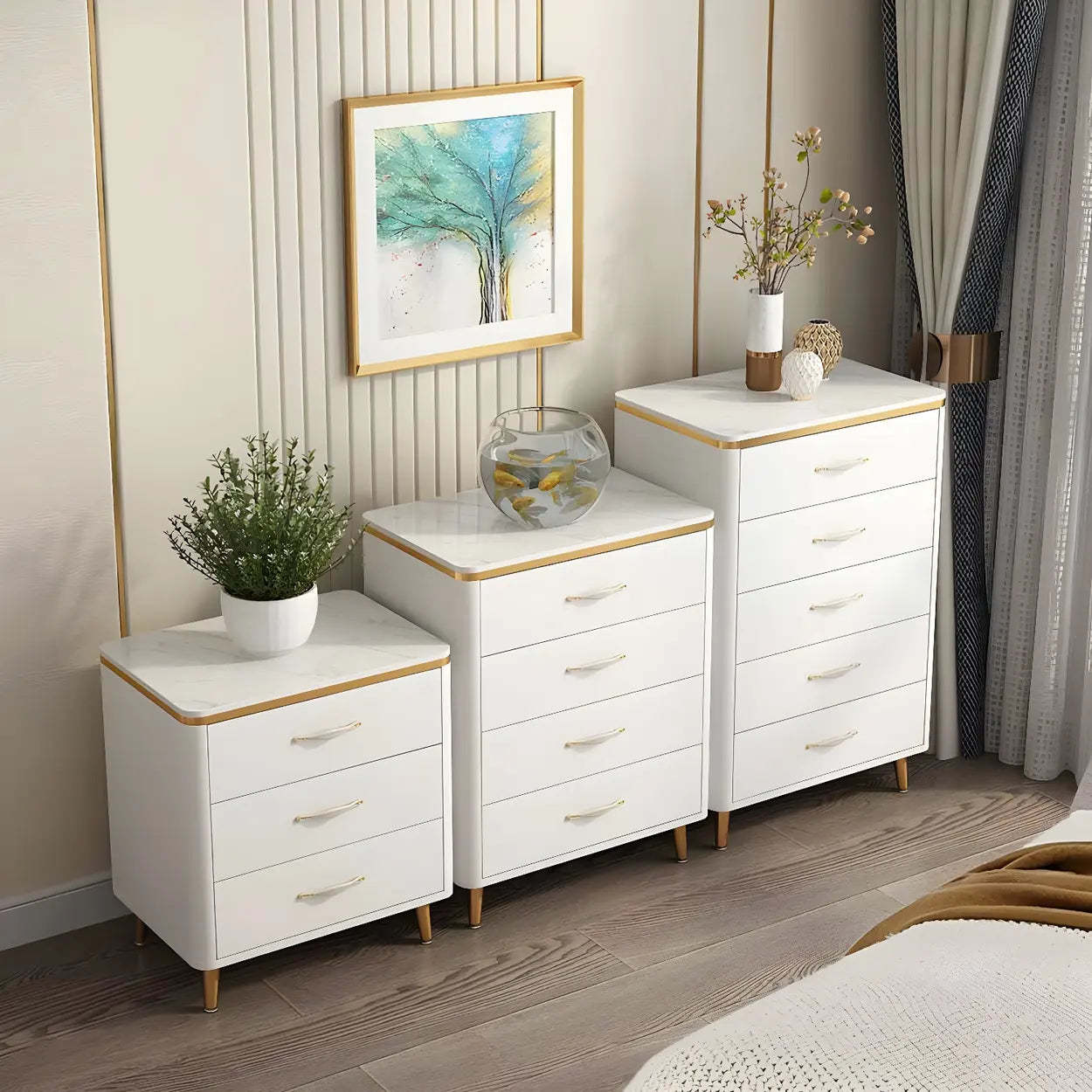Glam Vertical White Stone Bachelor Chest with Drawers