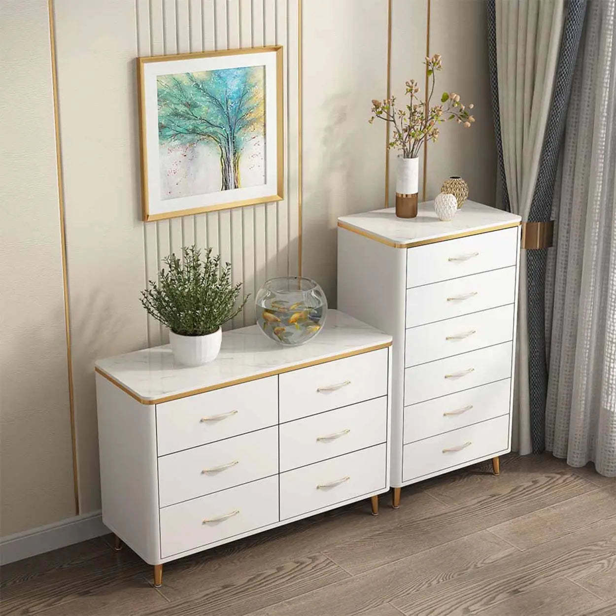 Glam Vertical White Stone Bachelor Chest with Drawers