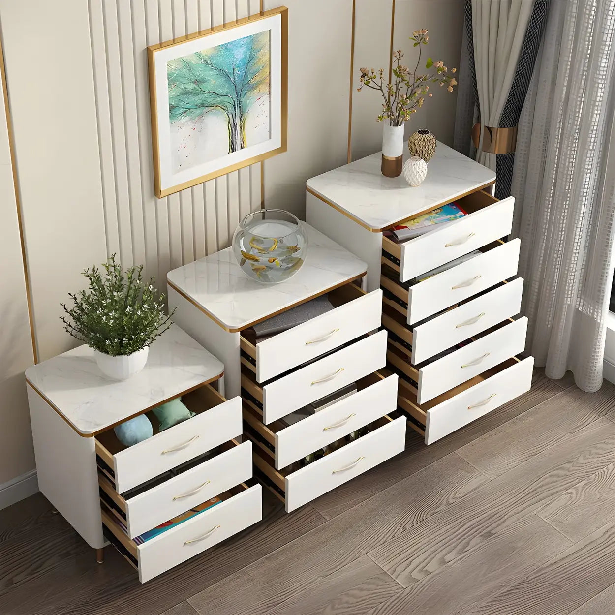 Glam Vertical White Stone Bachelor Chest with Drawers