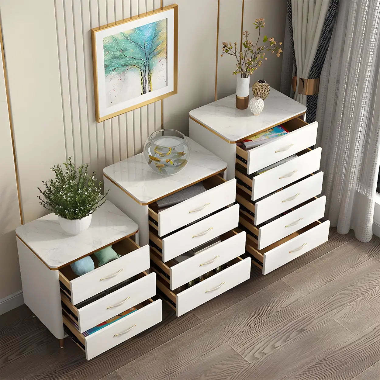 Glam Vertical White Stone Bachelor Chest with Drawers