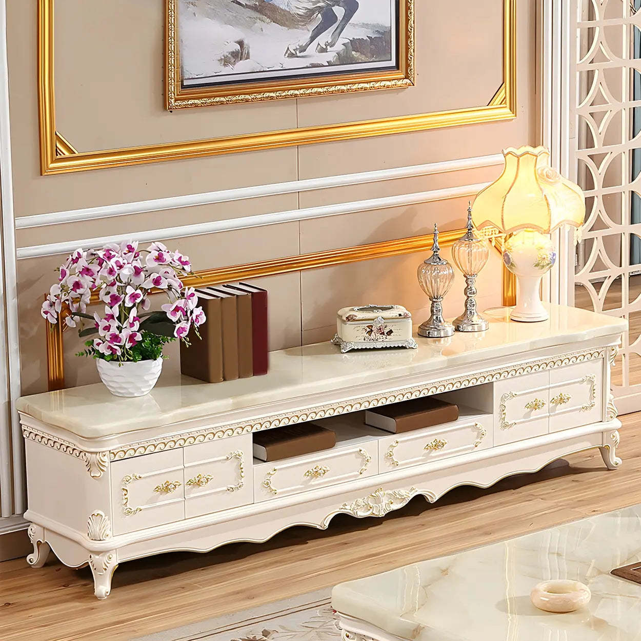 Glam Vintage White Wood TV Stand with Drawers — Stone