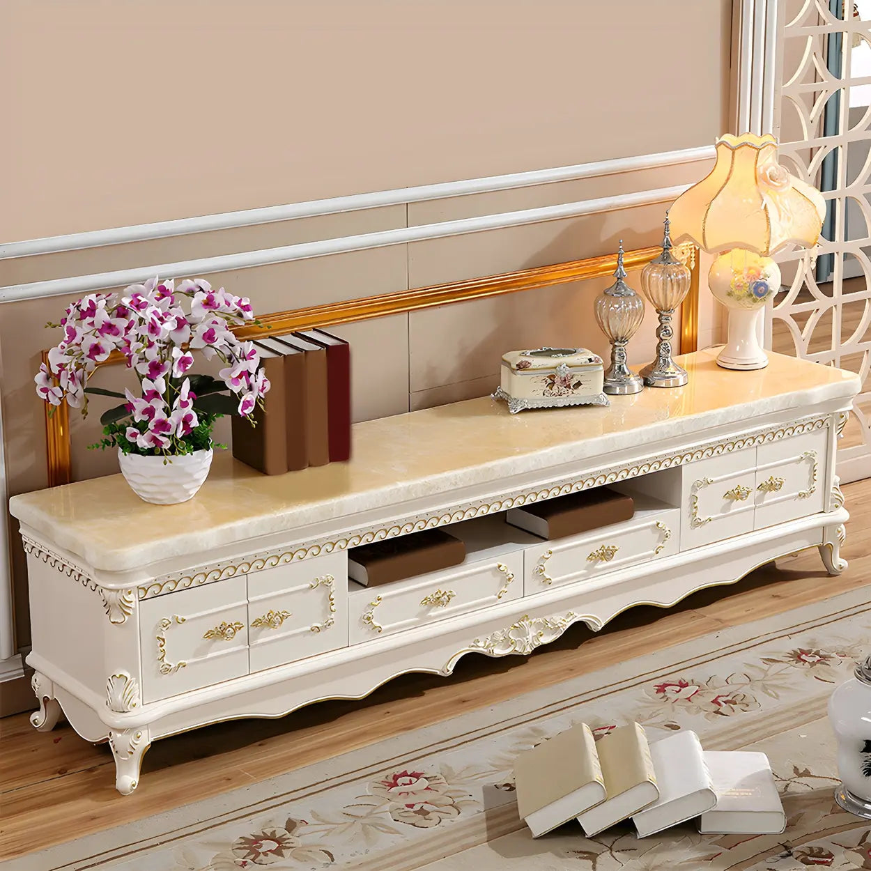 Glam Vintage White Wood TV Stand with Drawers — Marble