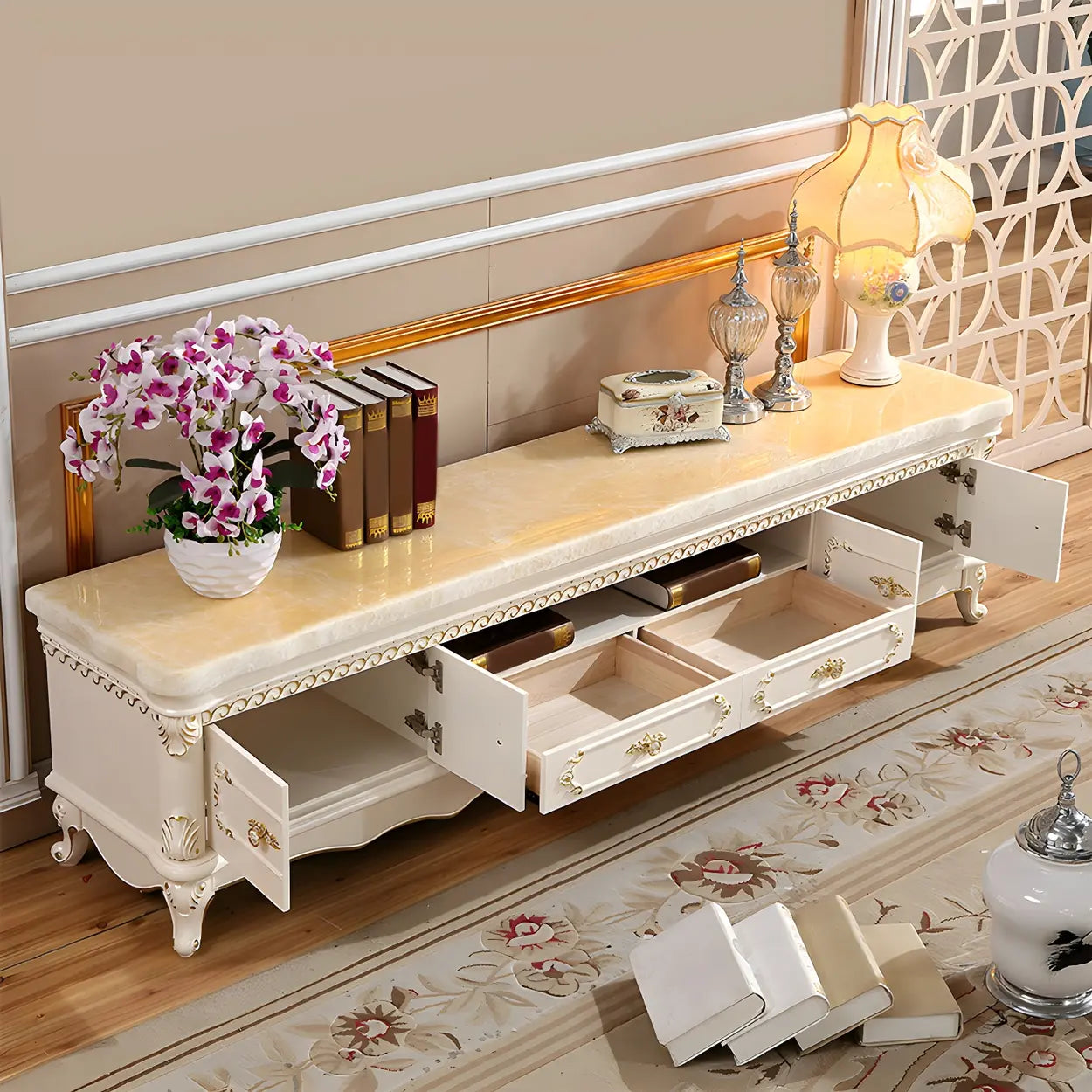 Glam Vintage White Wood TV Stand with Drawers — Marble