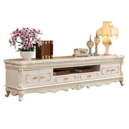 Glam Vintage White Wood TV Stand with Drawers — Marble