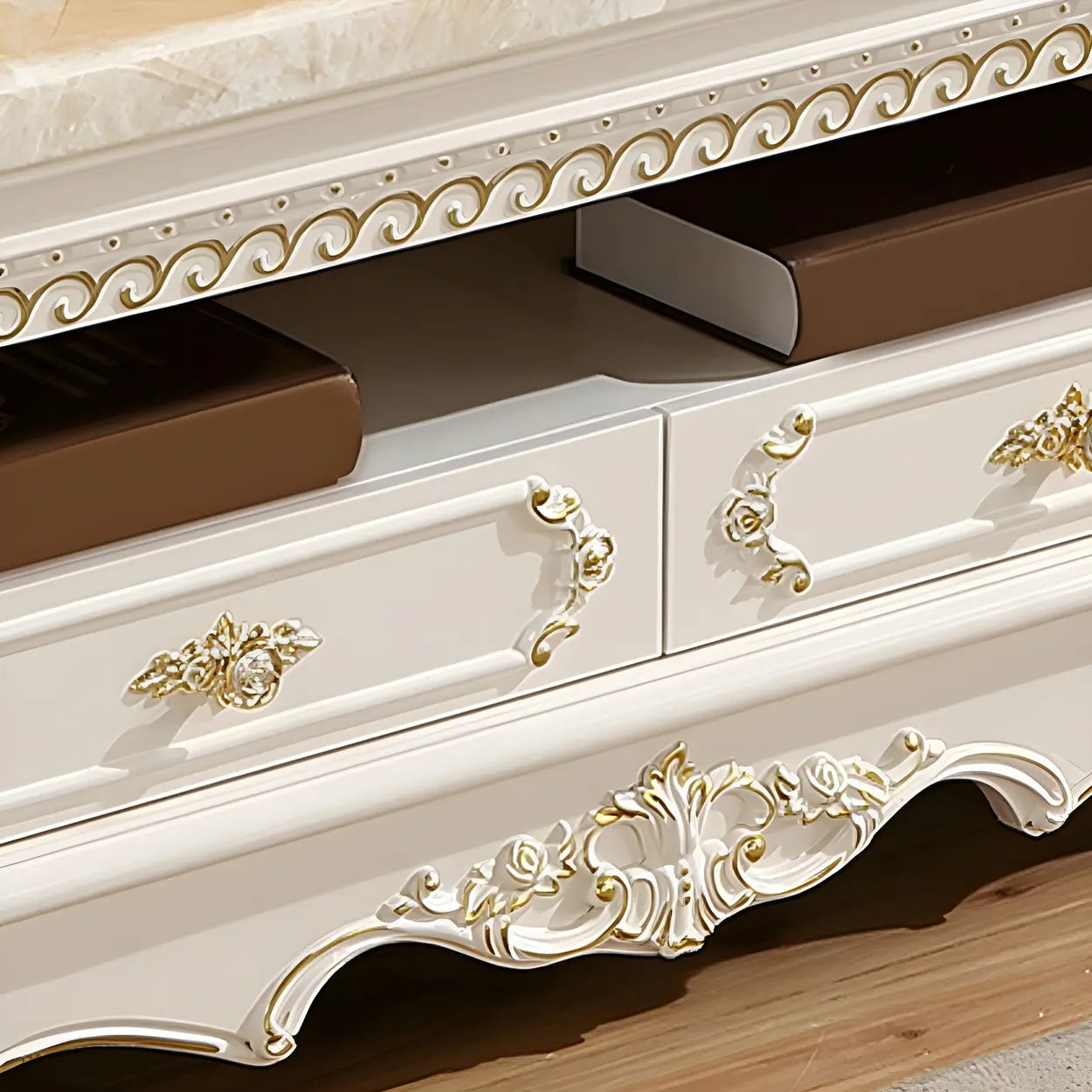 Glam Vintage White Wood TV Stand with Drawers — Marble