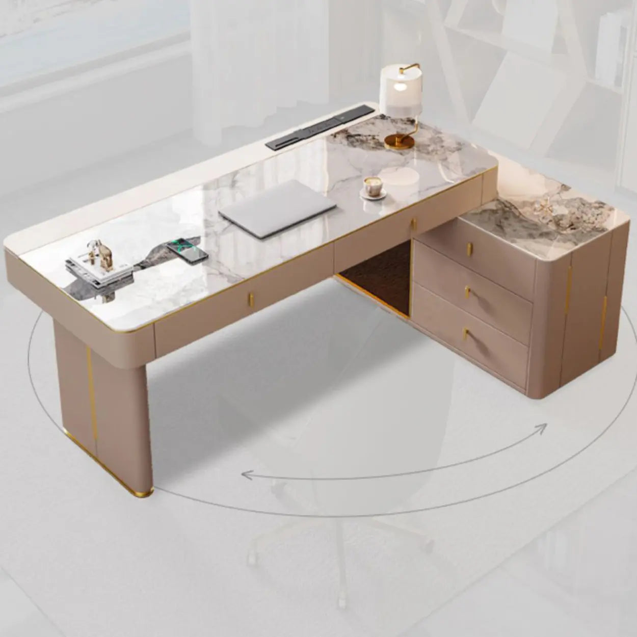 Glam White Glass Stone-Top L-Shape Desk