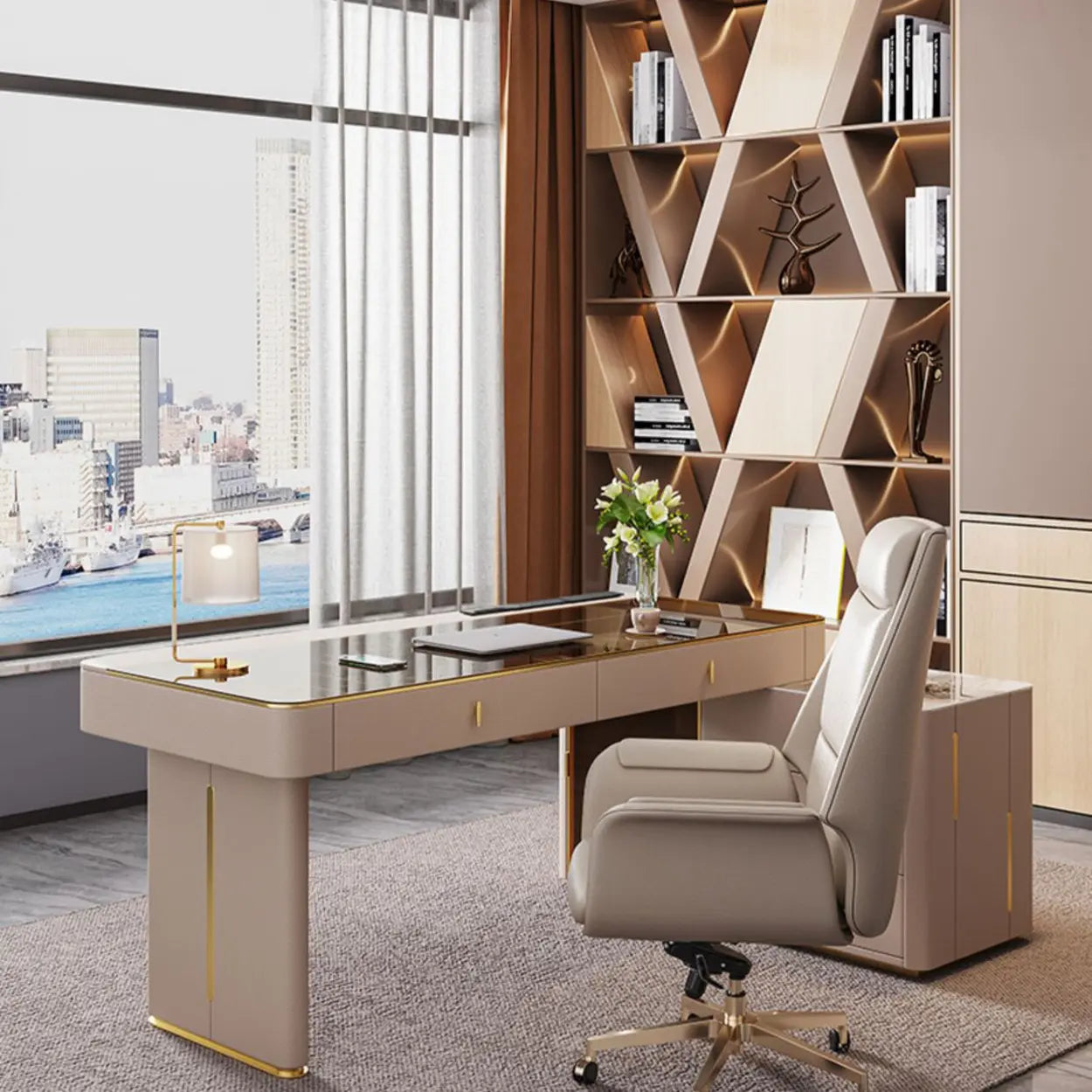 Glam White Glass Stone-Top L-Shape Desk