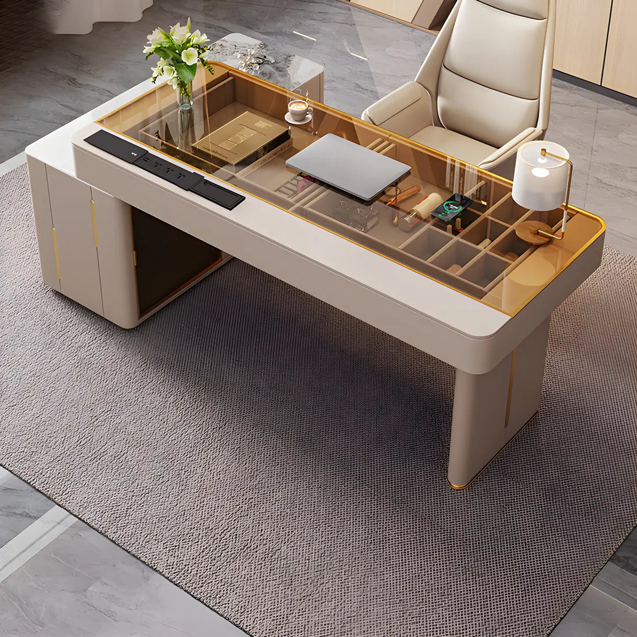 Glam White Glass Stone-Top L-Shape Desk