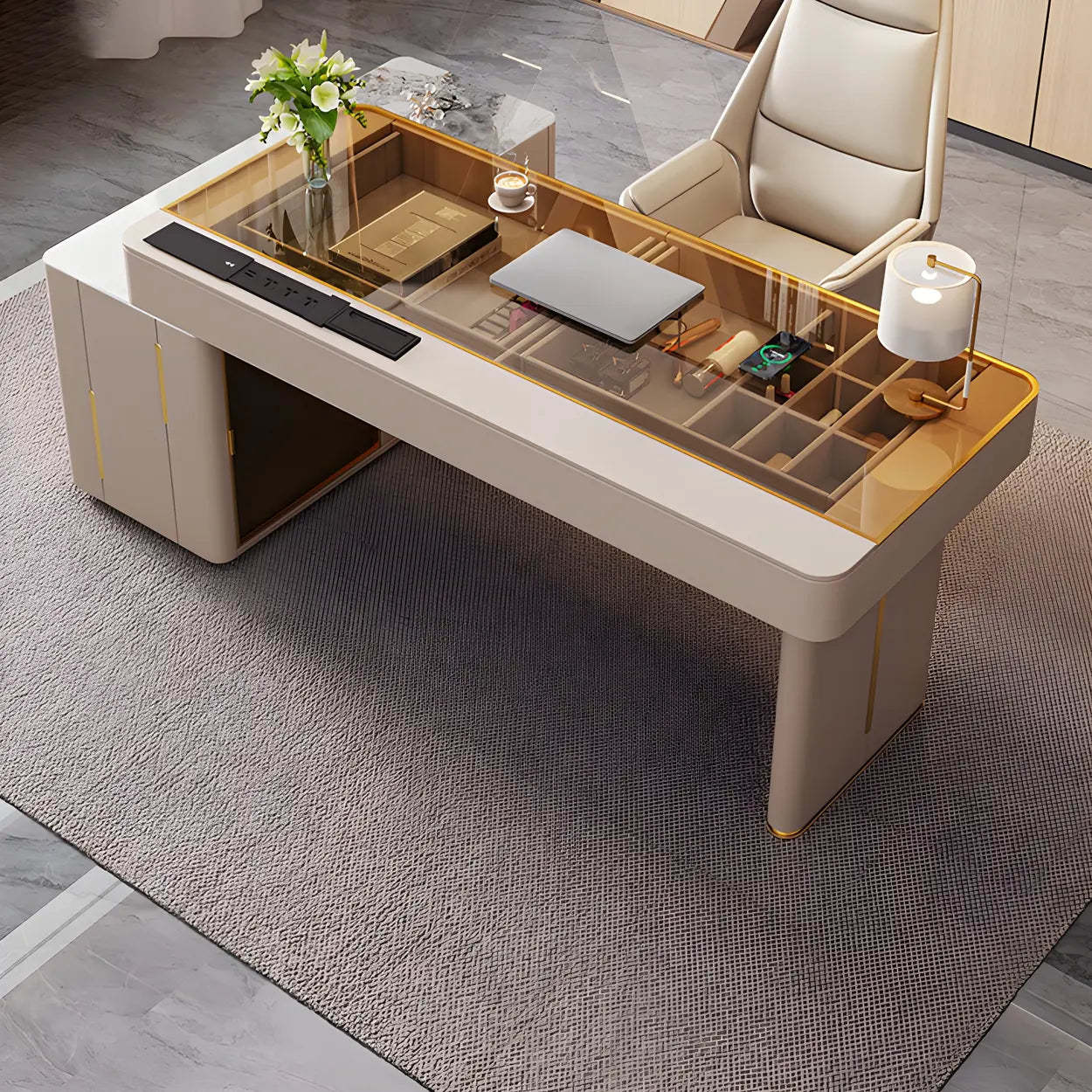 Glam White Glass Stone-Top L-Shape Desk