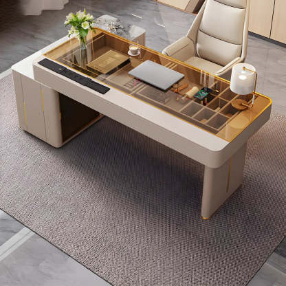Glam White Glass Stone-Top L-Shape Desk