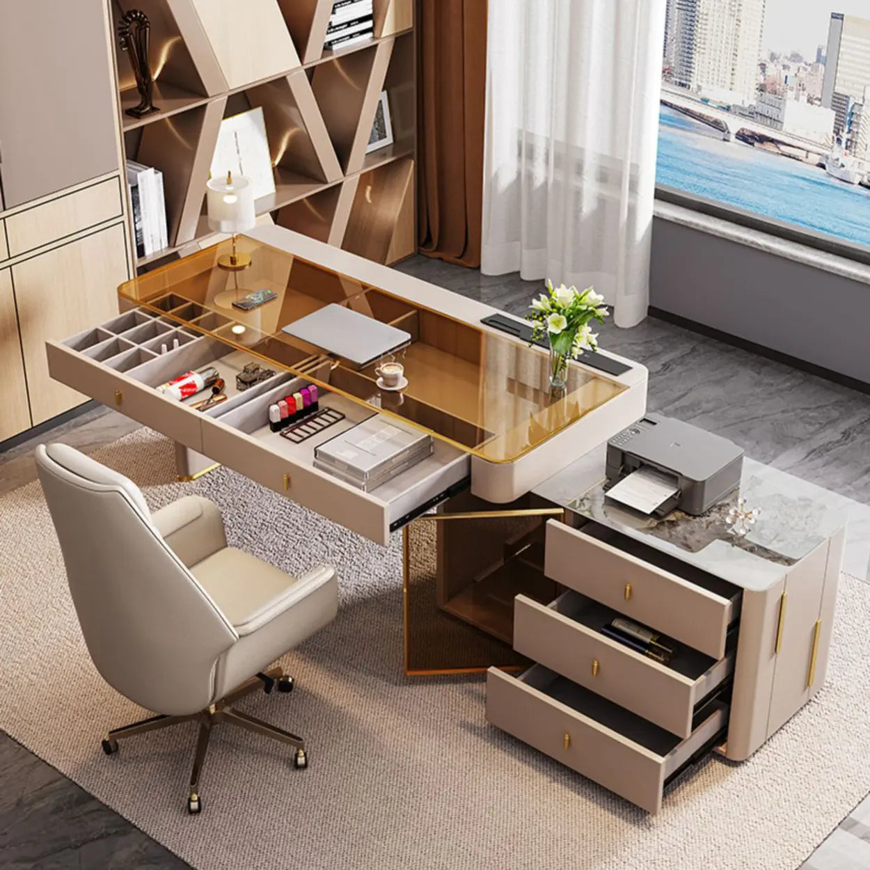 Glam White Glass Stone-Top L-Shape Desk