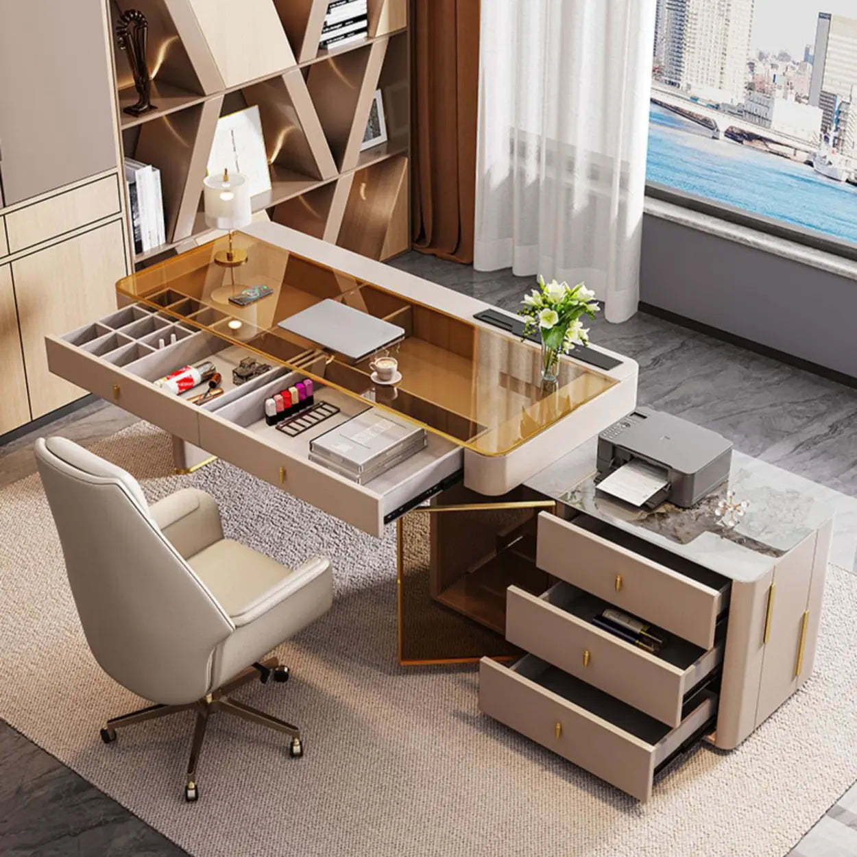 Glam White Glass Stone-Top L-Shape Desk