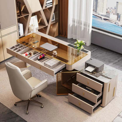 Glam White Glass Stone-Top L-Shape Desk