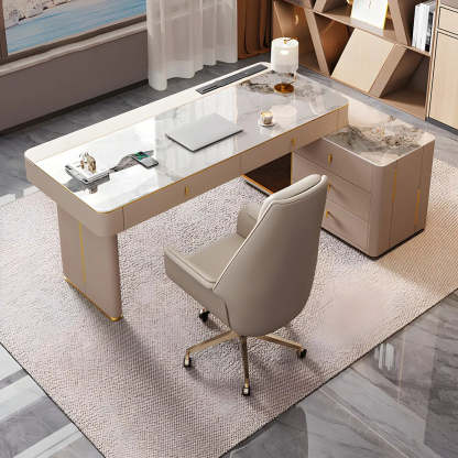 Glam White Glass Stone-Top L-Shape Desk — Glass / Table Only