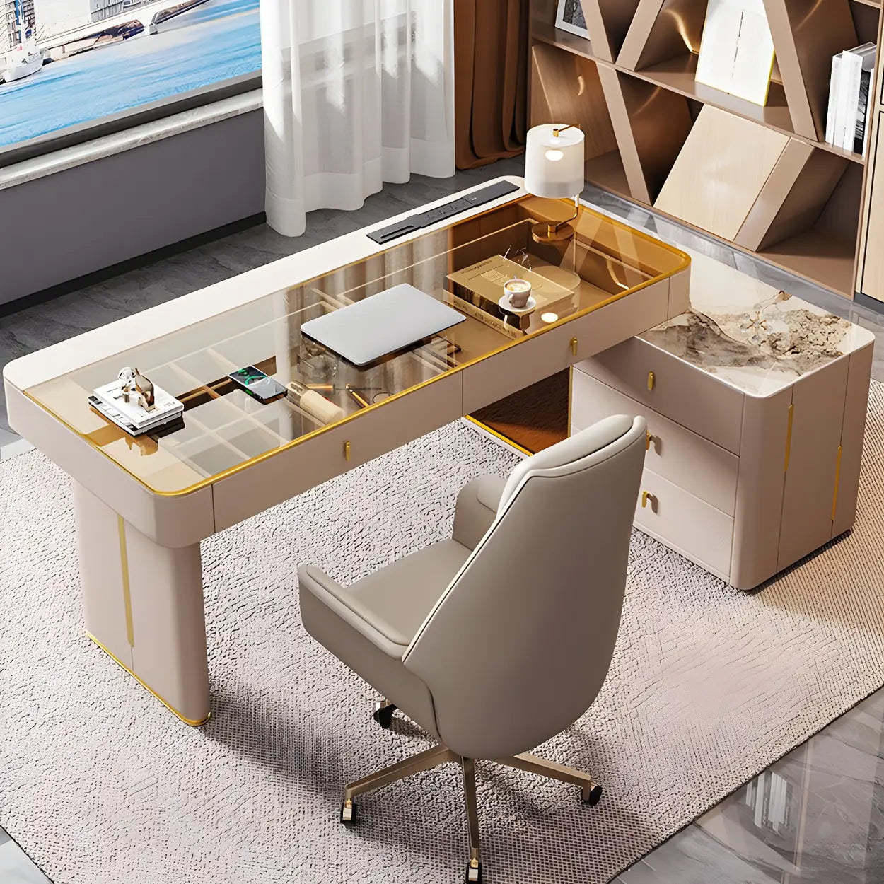 Glam L-Shape Executive Desk with Glass or Stone Top