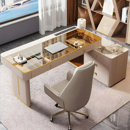 Glam White Glass Stone-Top L-Shape Desk — Stone / Table Only