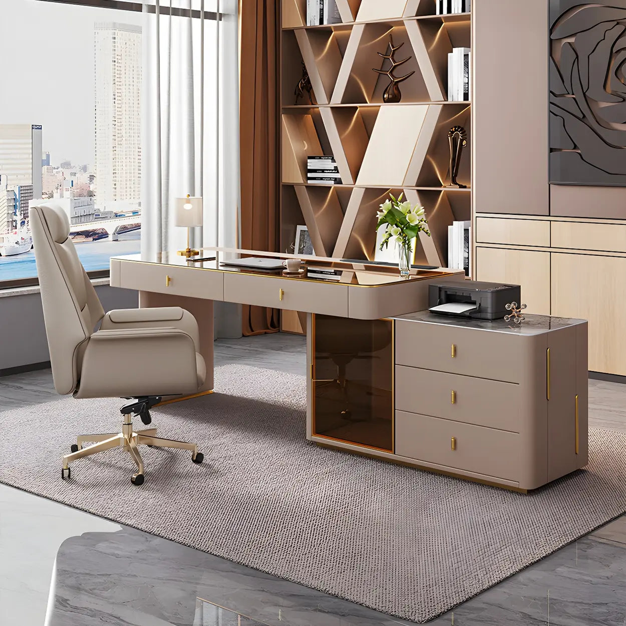 Glam White Glass Stone-Top L-Shape Desk — Glass / Table Only