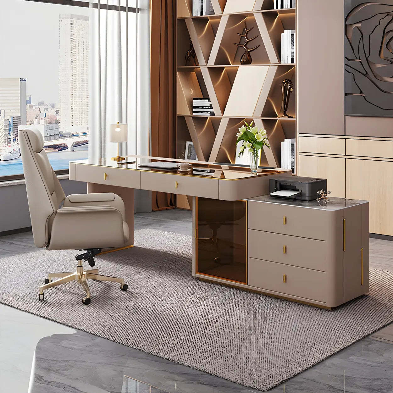 Glam White Glass Stone-Top L-Shape Desk — Glass / Table Only
