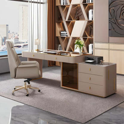 Glam White Glass Stone-Top L-Shape Desk — Glass / Table Only