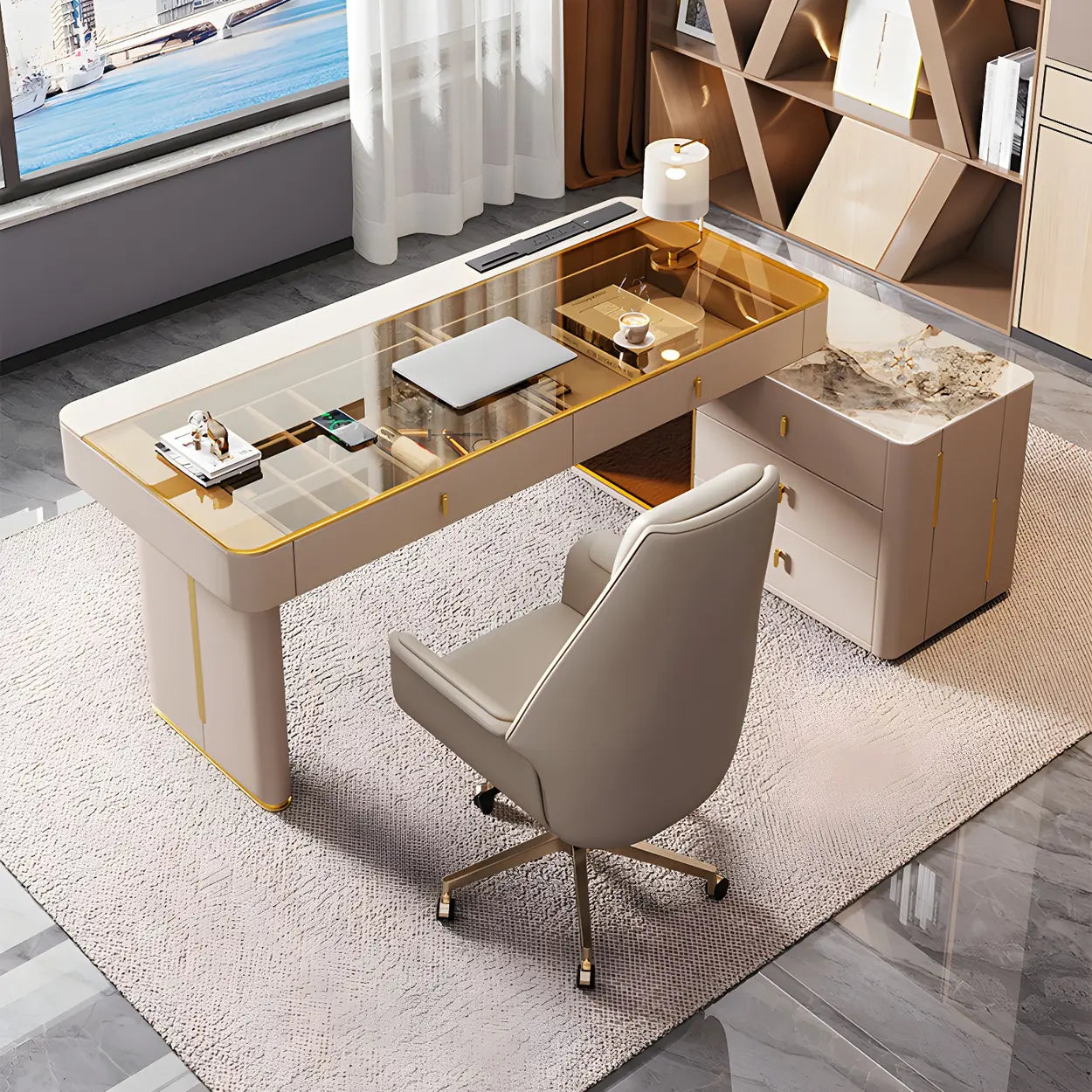 Glam White Glass Stone-Top L-Shape Desk — Stone / Table Only