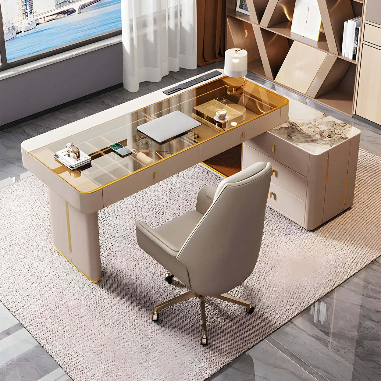 Glam White Glass Stone-Top L-Shape Desk — Stone / Table Only
