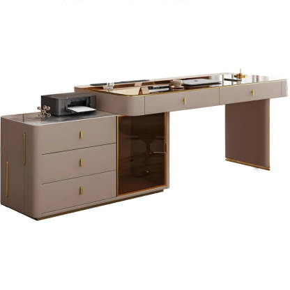Glam White Glass Stone-Top L-Shape Desk