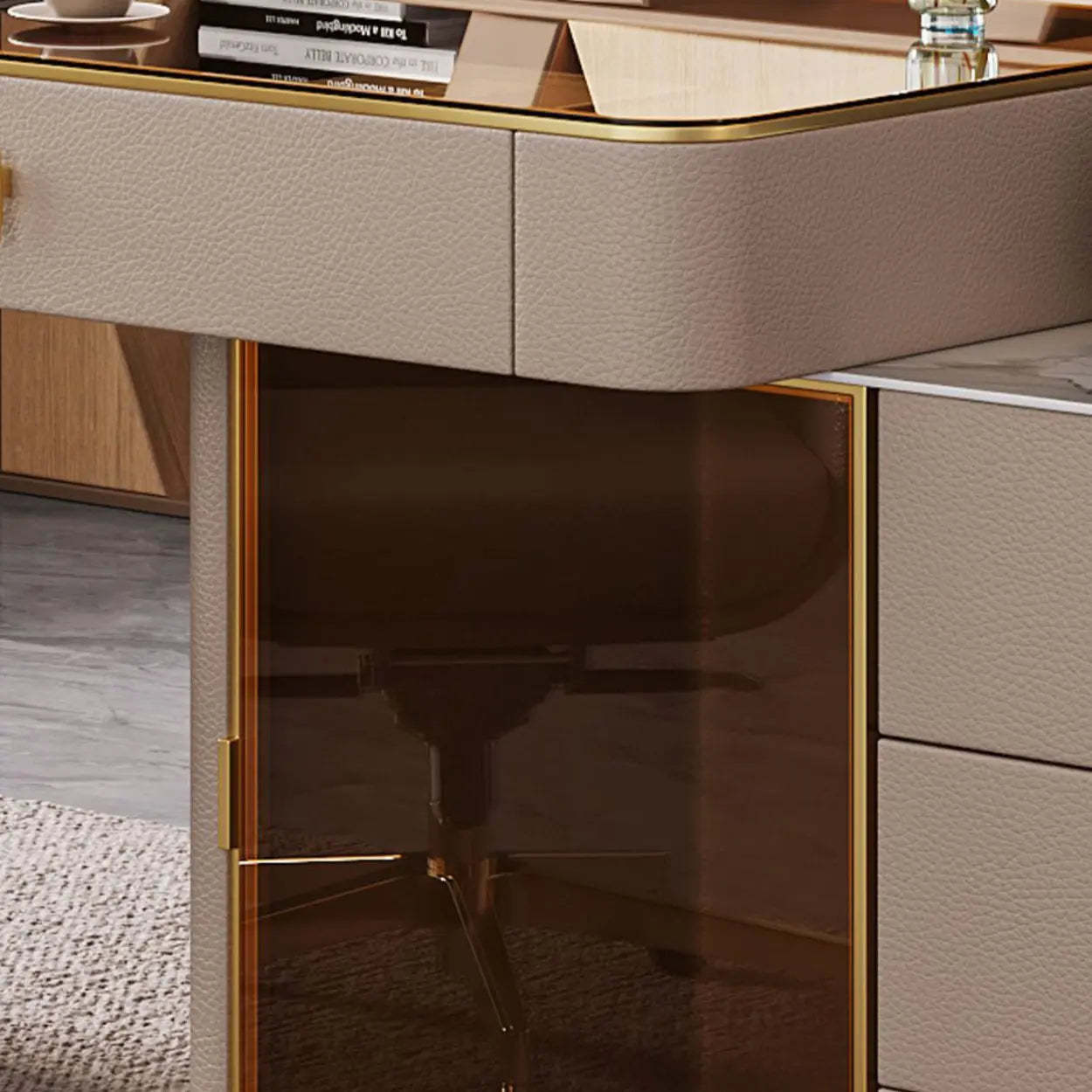 Glam White Glass Stone-Top L-Shape Desk