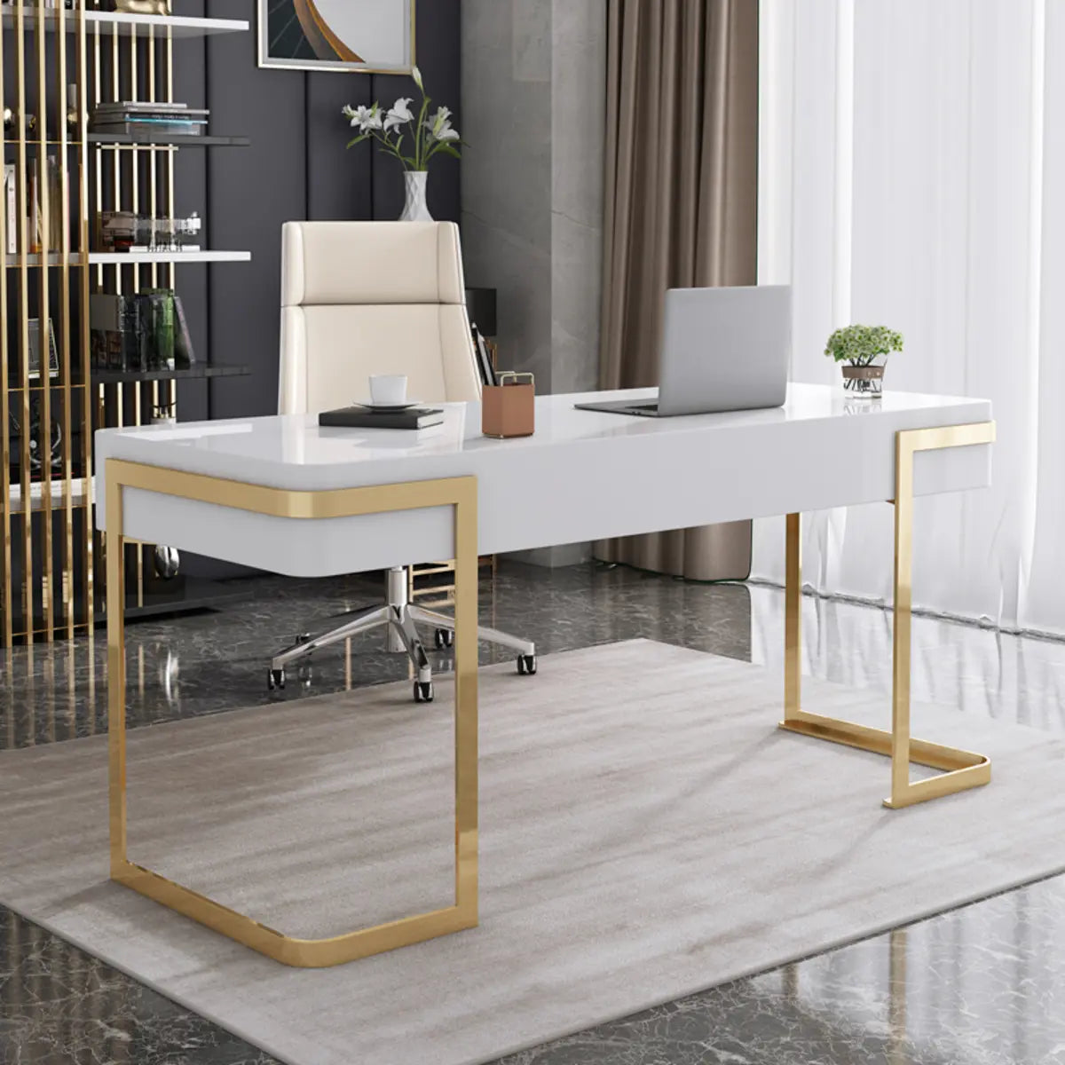 Glam White Gold Rectangle Sled Computer Desk — Black / Without Chairs
