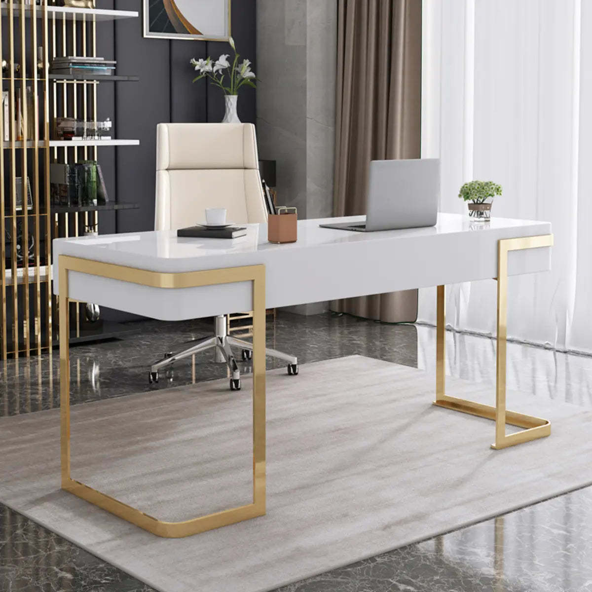 Glam White Gold Rectangle Sled Computer Desk — Black / Without Chairs