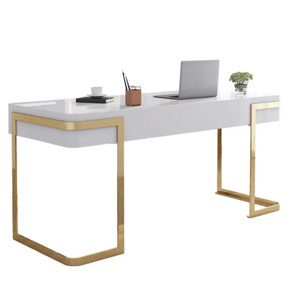 Glam White Gold Rectangle Sled Computer Desk — White / Without Chairs