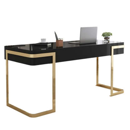 Glam White Gold Rectangle Sled Computer Desk — Black / Without Chairs