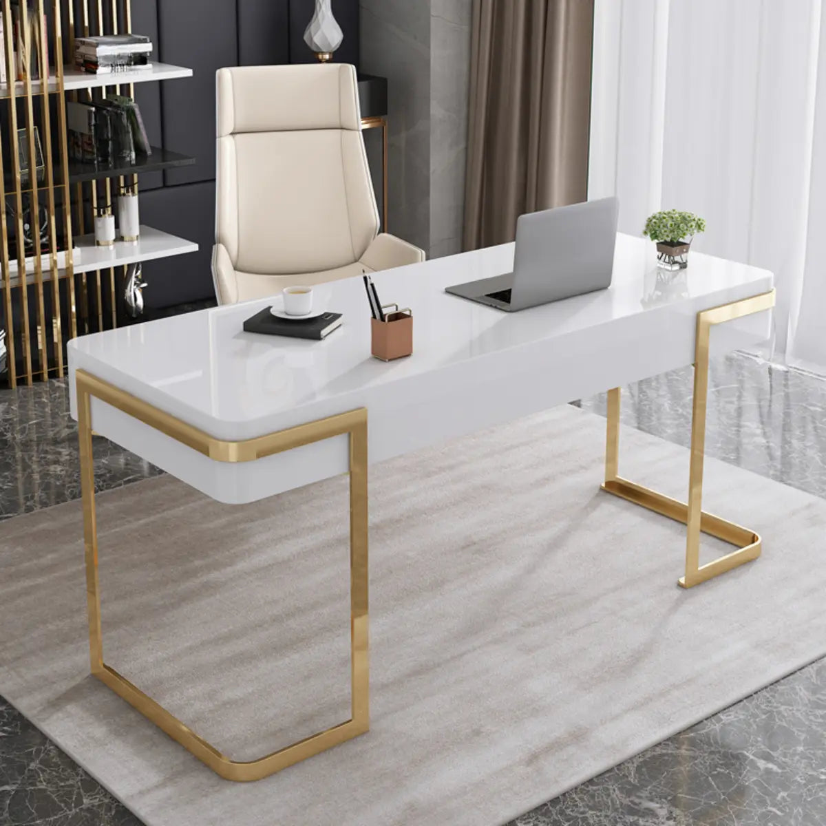 Glam White Gold Rectangle Sled Computer Desk — White / Without Chairs