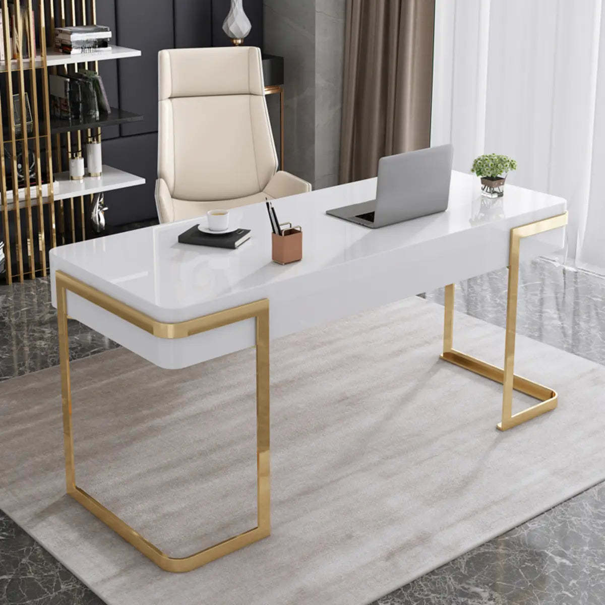 Glam White Gold Rectangle Sled Computer Desk — White / Without Chairs