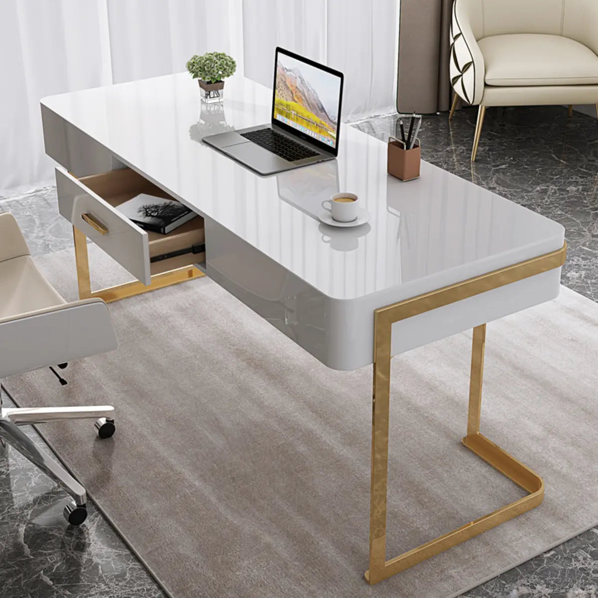 Glam White Gold Rectangle Sled Computer Desk — Black / Without Chairs