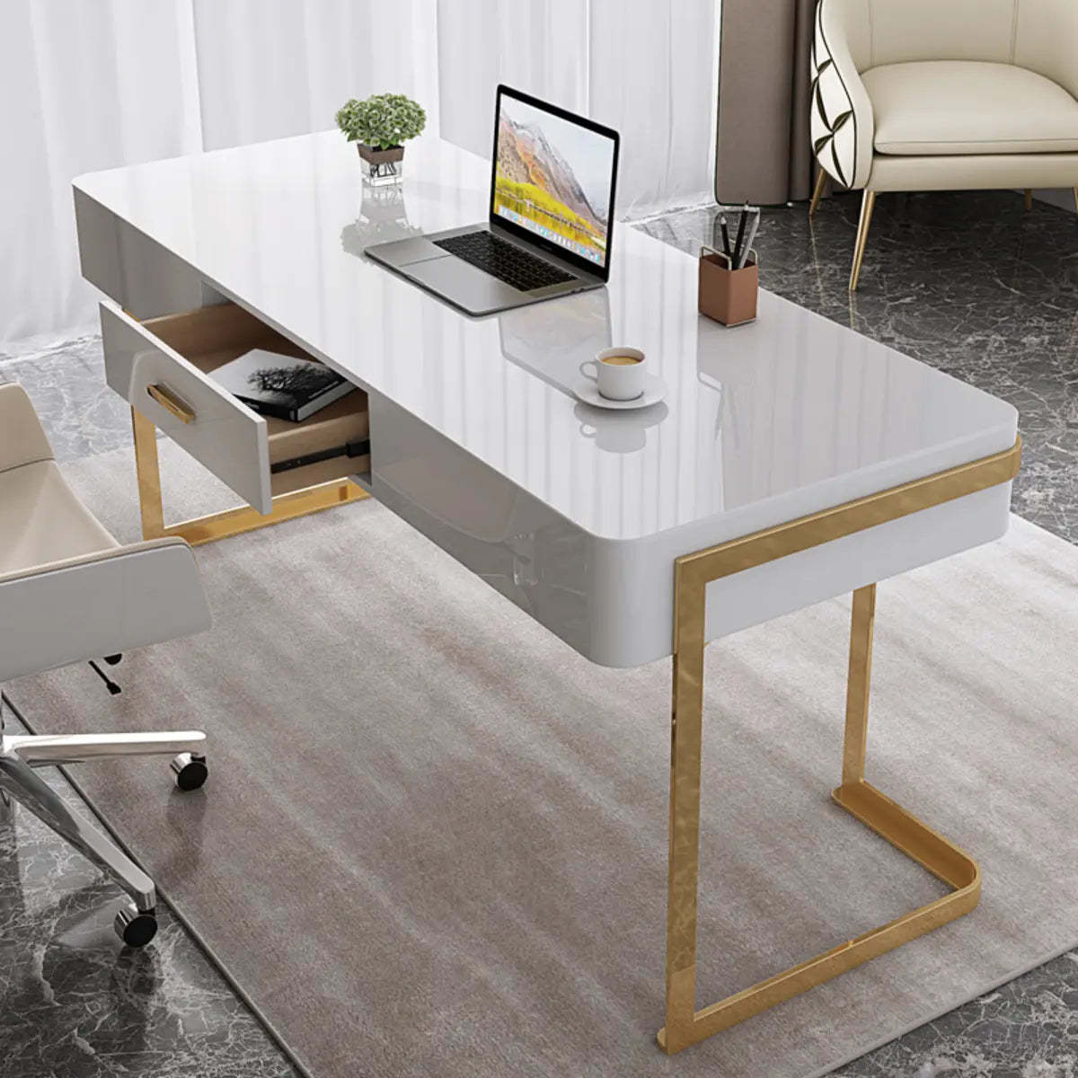 Glam White Gold Rectangle Sled Computer Desk — Black / Without Chairs