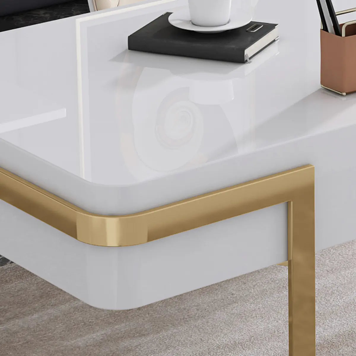 Glam White Gold Rectangle Sled Computer Desk — White / Without Chairs