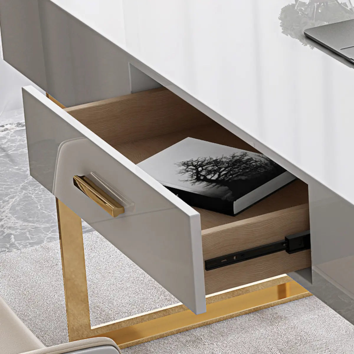 Glam White Gold Rectangle Sled Computer Desk