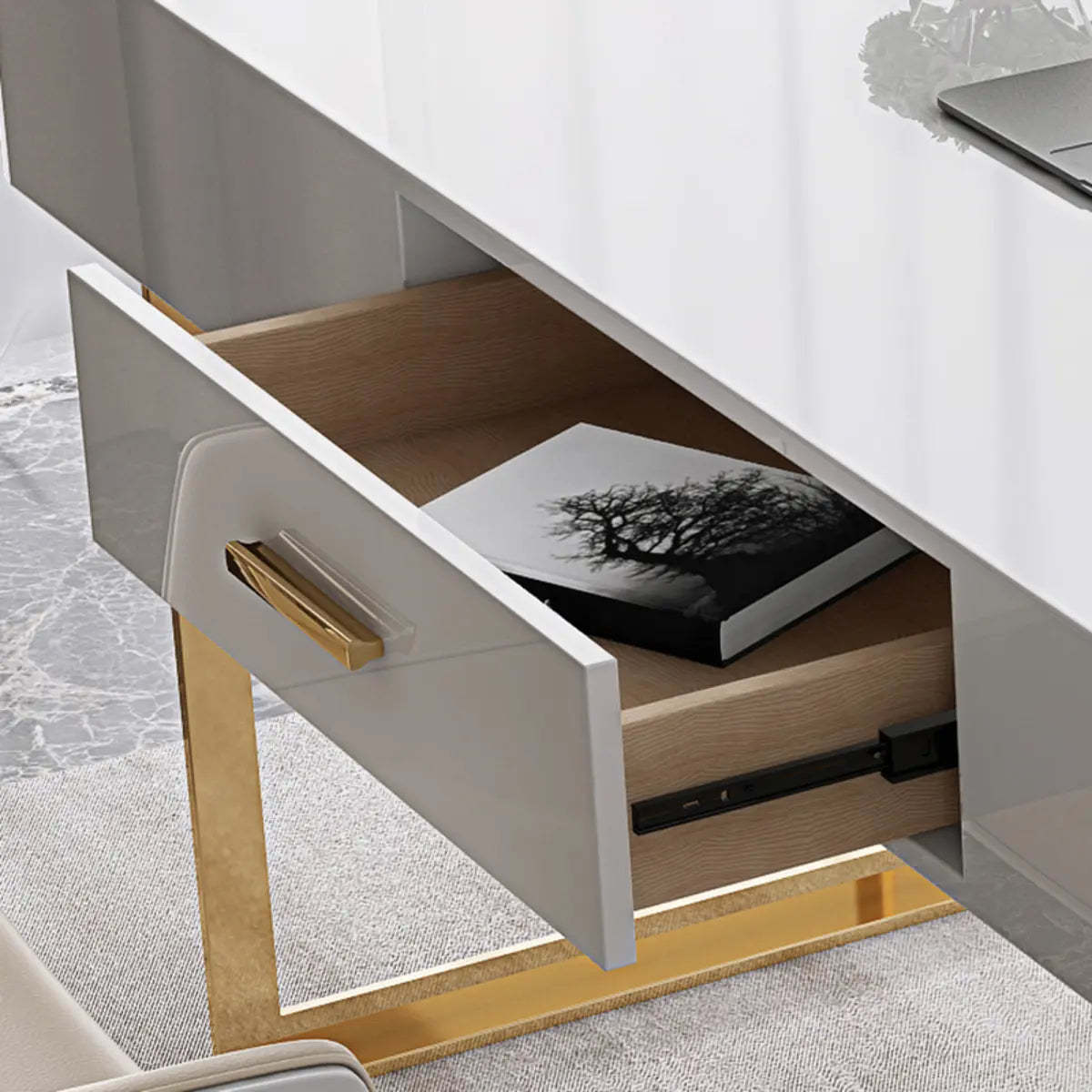 Glam White Gold Rectangle Sled Computer Desk