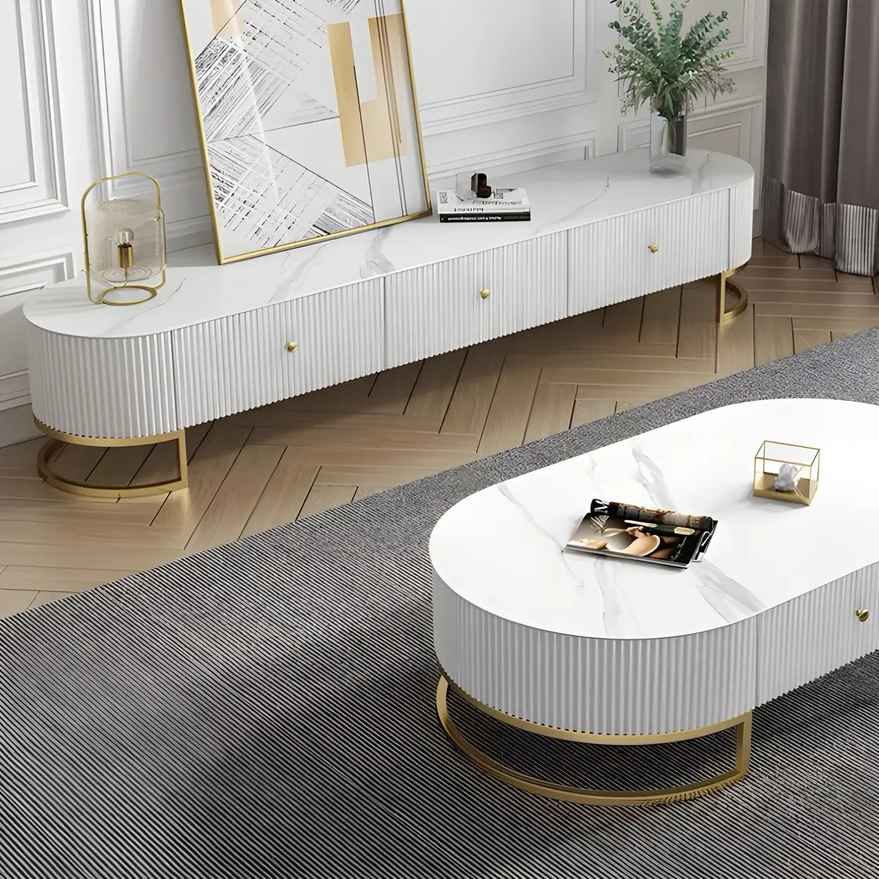Glam White Stone Enclosed Long TV Stand