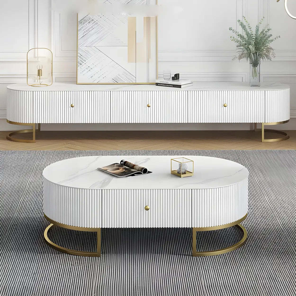 Glam White Stone Enclosed Long TV Stand